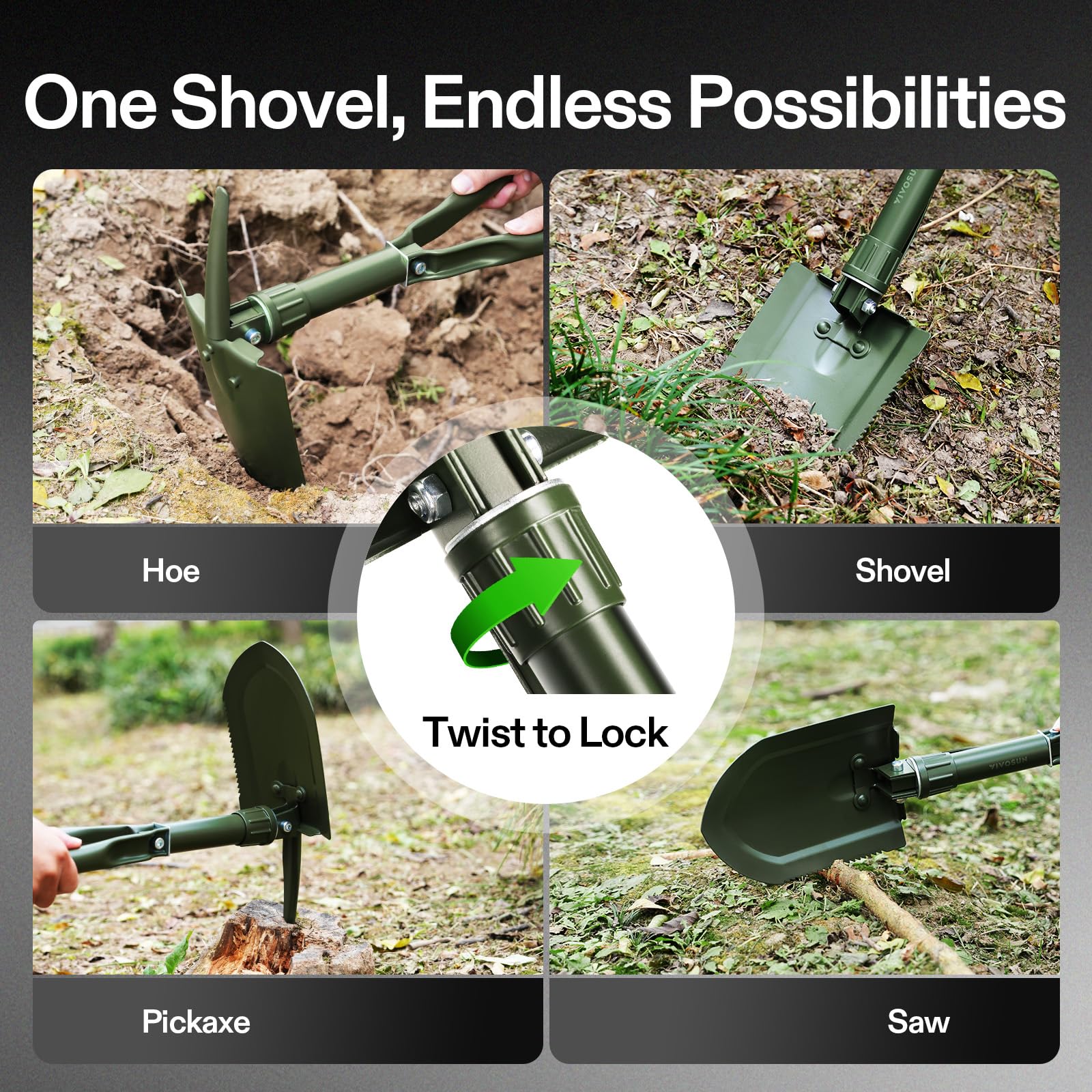 VIVOSUN Folding Camping Shovel, 22'' Survival Shovel with High Carbon Steel
