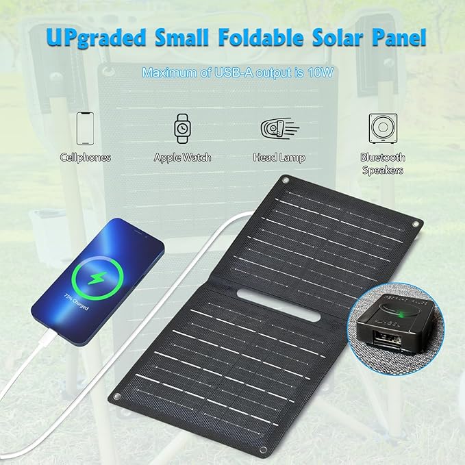 Portable Solar Panel (5V 2A Max) with USB-A Port for Cell Phone, Fan, Flashlight, IPX4 Waterproof Solar Panels, Foldable Solar Charger for Outdoor Camping, Hiking, Travel, Backpacking