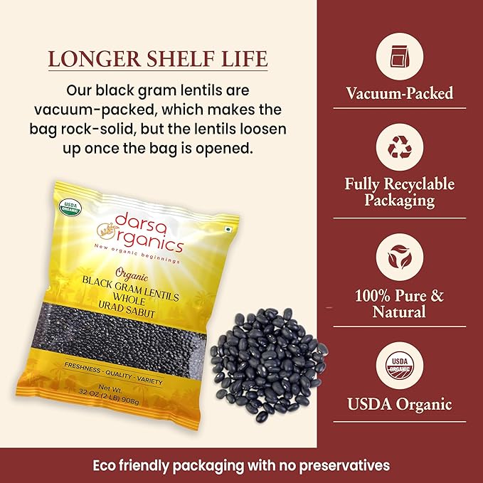 Darsa Organics Urad Whole Dal (Matpe Beans with Skin) 2lb, | USDA Organic, Non-GMO, Gluten-Free Dried Lentils, Kosher | Rich in Protein & Fiber