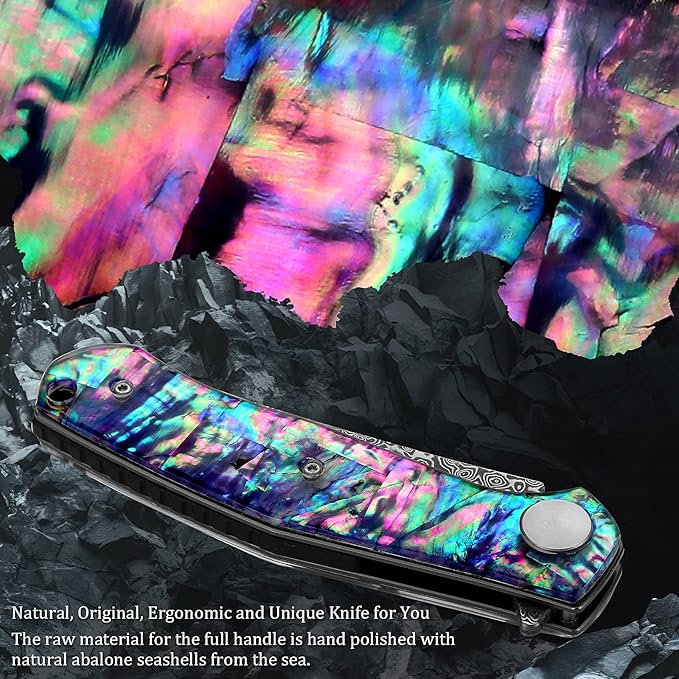 Benkey Damascus Pocket Knife, Sharp VG10 Core Damascus Steel Folding Knives with Leather Sheath, Unique Abalone Seashells Handle, Ball Bearing, Liner Lock, Original EDC Damascus Knife for Men Women