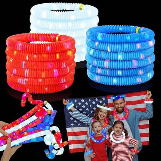 Bluk Patriotic Red White Blue Glow Sticks & Pop Tubes 48 PCS,Light Up Bracelets Necklaces Accessories for Kids,Party Favors Supplies Decorations for 4th of July,Independence Day,Parade,Birthday
