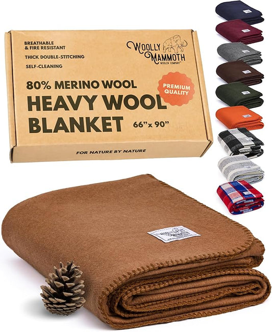 Woolly Mammoth Woolen Company Camping Blanket - 66 x 90 in, Tan - Outdoor Throw Blanket for Backpacking & Cold Weather - Heavy Wool Throw for Survival & Hiking