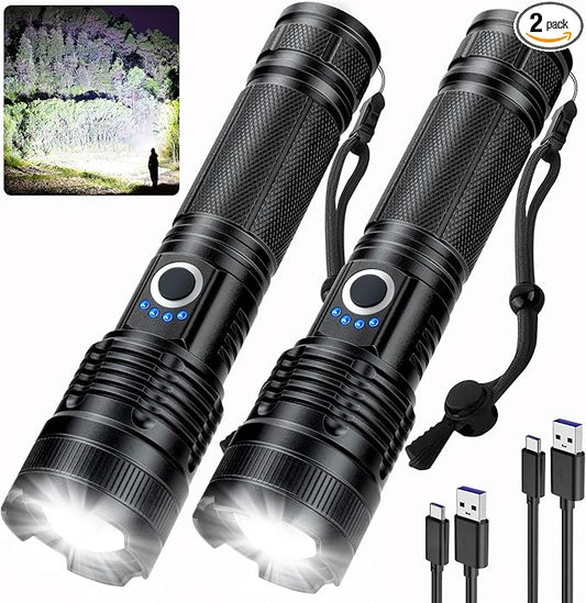 Rechargeable LED Flashlights High Lumens, 99,000 Lumens Super Bright Flashlight, Adjustable Handheld Flashlight with 5 Modes, Brightest Waterproof Flash Light for Home Camping(2 Packs)