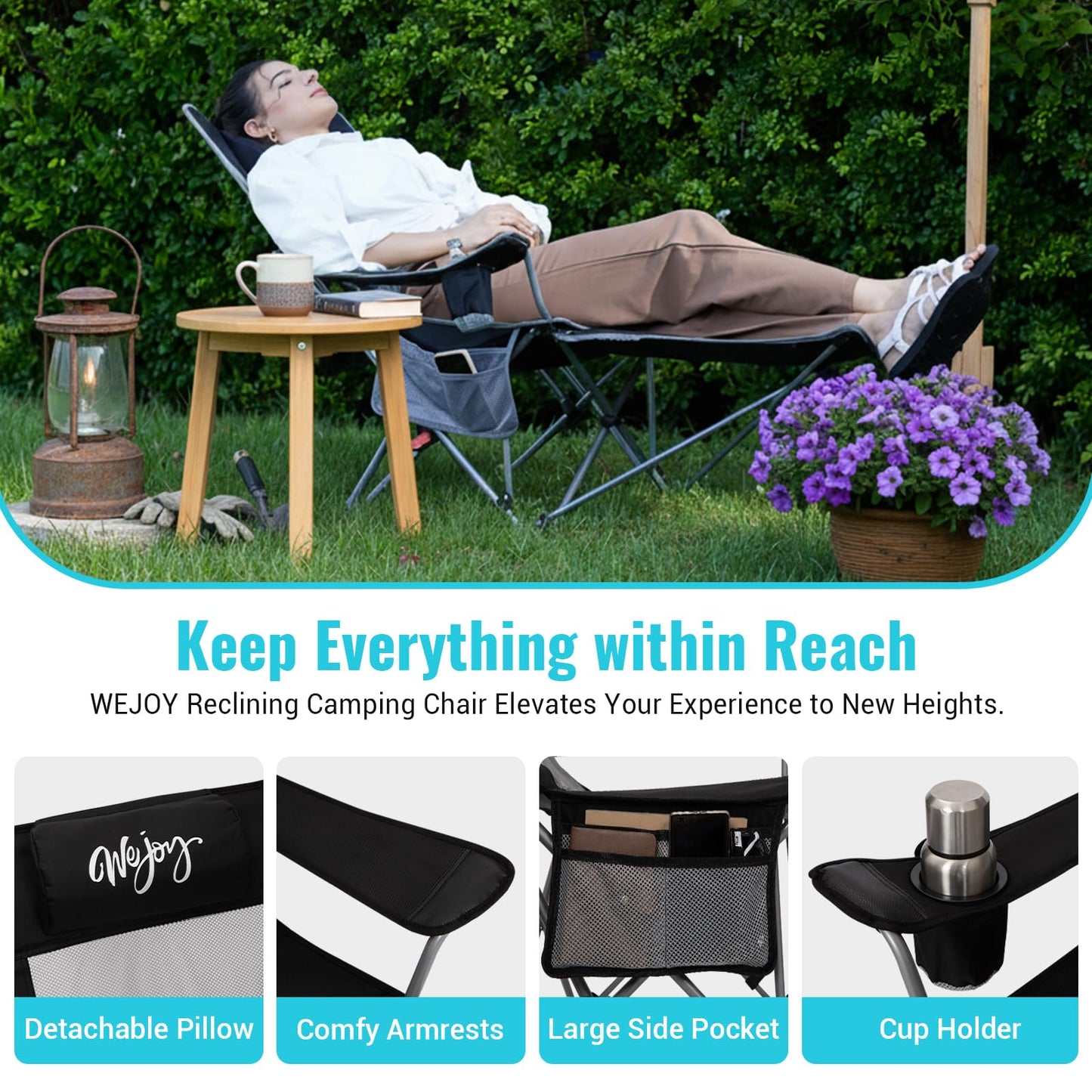 #WEJOY 2-in-1 Reclining Camping Chair with Footrest for Adults Folding Lounge Chair with Adjustable