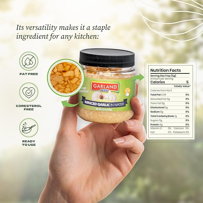 Garland Food Minced Garlic in Water 4.5 oz ??Made in the USA - Minced Garlic in Jar for Fresh Flavor, Time-Saving Prep, and Versatile Uses in Every Dish