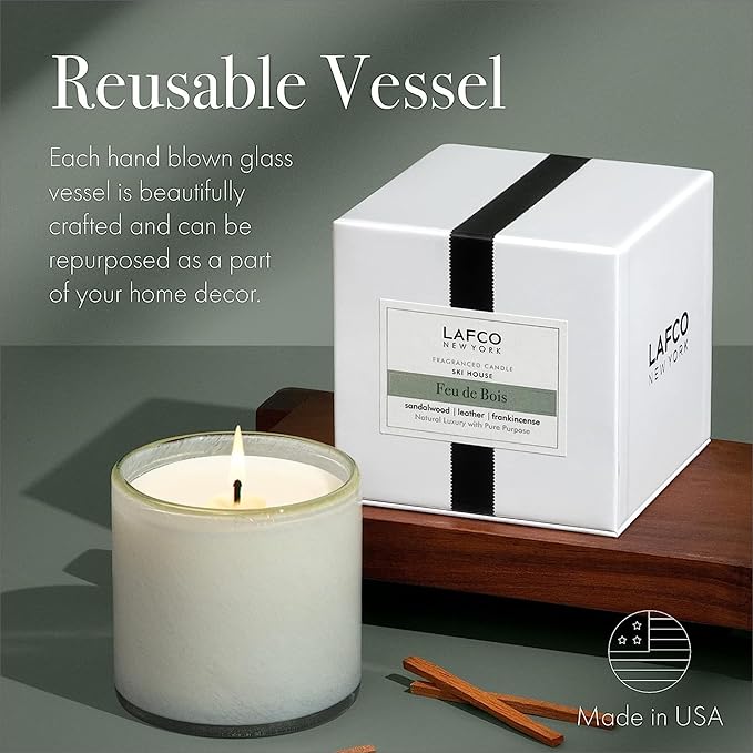 LAFCO New York Signature Candle, Feu de Bois - 15.5 oz, 2 Pack - 90-Hour Burn Time - Reusable, Hand Blown Glass Vessel - Made in The USA