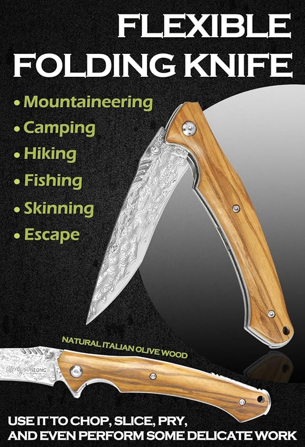 YOUSUNLONG Folding Knives Overall 210mm Pocket Knife - Hammered Damascus Steel Blade - Natural Italian Olive Wood Cover