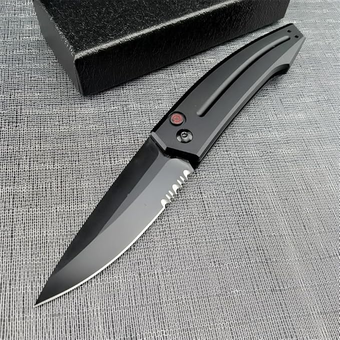 3.31'' D2 Steel Blade Aluminum Handles Speed Safe Botton Fast Opening Folding Knife with Pocket Clip, Camping EDC Tools, Survival Knives, Christmas Gift for Men and Women (Black Serrated Blade)