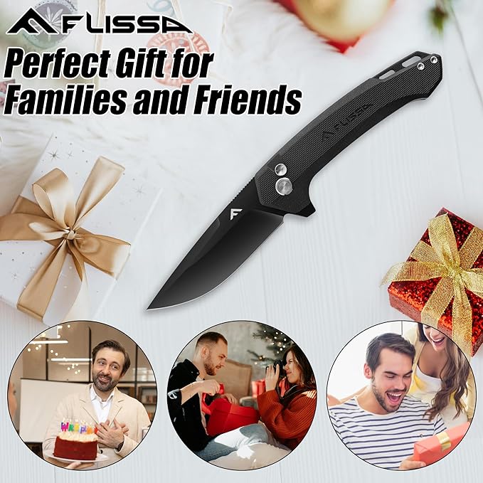 FLISSA Pocket Folding Knife, 3.2??D2 Blade G10 Handle EDC Knife with Button Lock and Pocket Clip for Hunting, Camping, Survival, Outdoor Activities(Black)