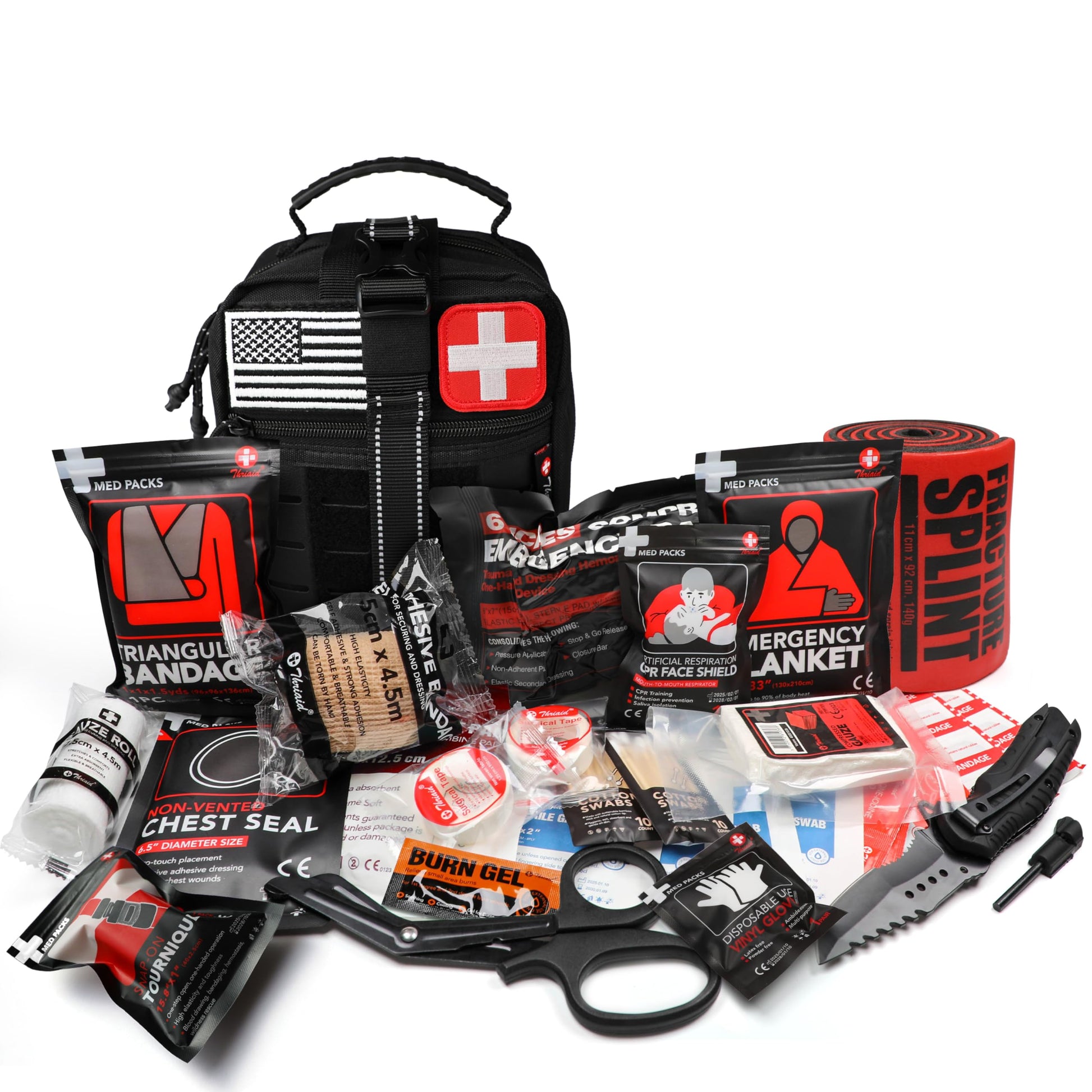 Survival First Aid Kit with Israeli Bandage, Chest Seal, Tourniquet, Splint, Tactical Military