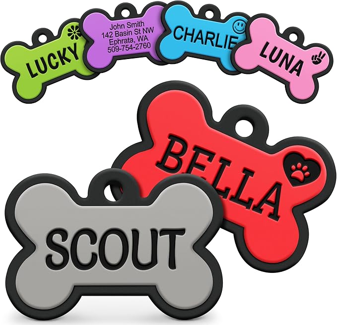 GoTags Silicone Dog Tags, Soundless Pet Tag, Personalized Silent Tag Engraved for Pets with Cute Custom Designs, for Dogs and Cats, (Bone, Gray)