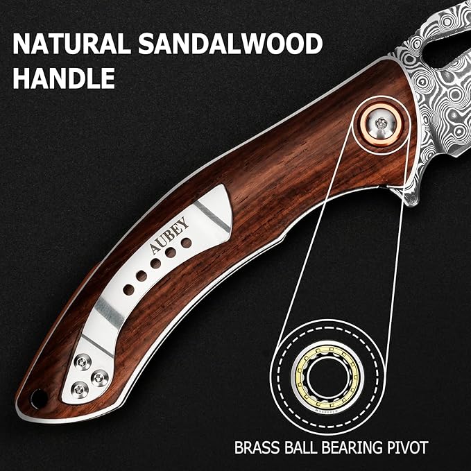 AUBEY Damascus Folding Knife with Clip, Pocket Knife with Wood Handle, EDC Knife for Outdoor Hiking Camping Collection (3.19" Blade)