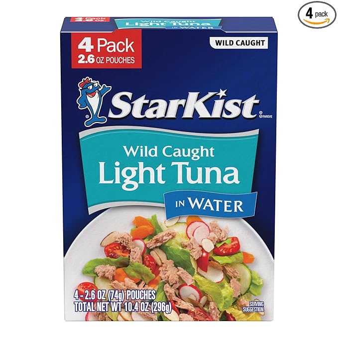 StarKist Chunk Light Tuna in Water, 2.6 oz Pouch (4 Pack) Ready to Eat Wild Caught Tuna, 17g Protein, 70 Calories Per Serving, Gluten Free, Soy Free, Kosher, Perfect for Salads, Keto Meals and Snacks