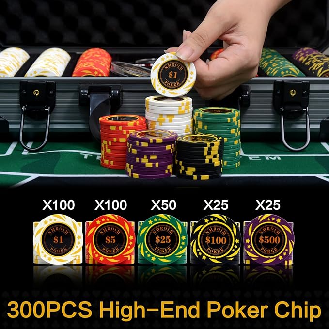 13.5 Gram Clay Poker Chip Set Texas Hold'em Casino Chips 2 Decks of Cards, Aluminum Case Dealer Buttons, for Blackjack Poker Games (300 PCE)