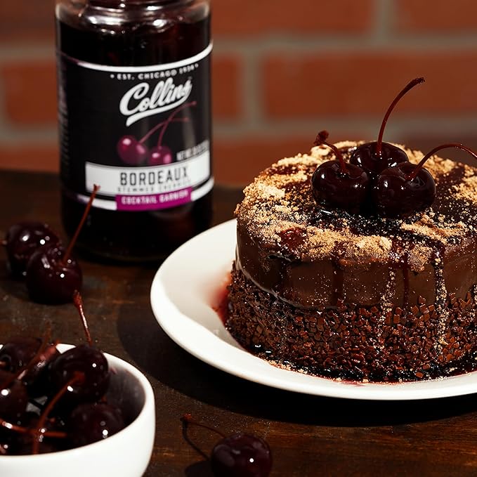 Collins Stemmed Black Cherries for Cocktails, Old Fashioned, Manhattan, and Whiskey Sour, Cocktail Cherry in Bordeaux Syrup, Garnish for Mocktails, Party Drinks, Baking, Desserts, 10 oz