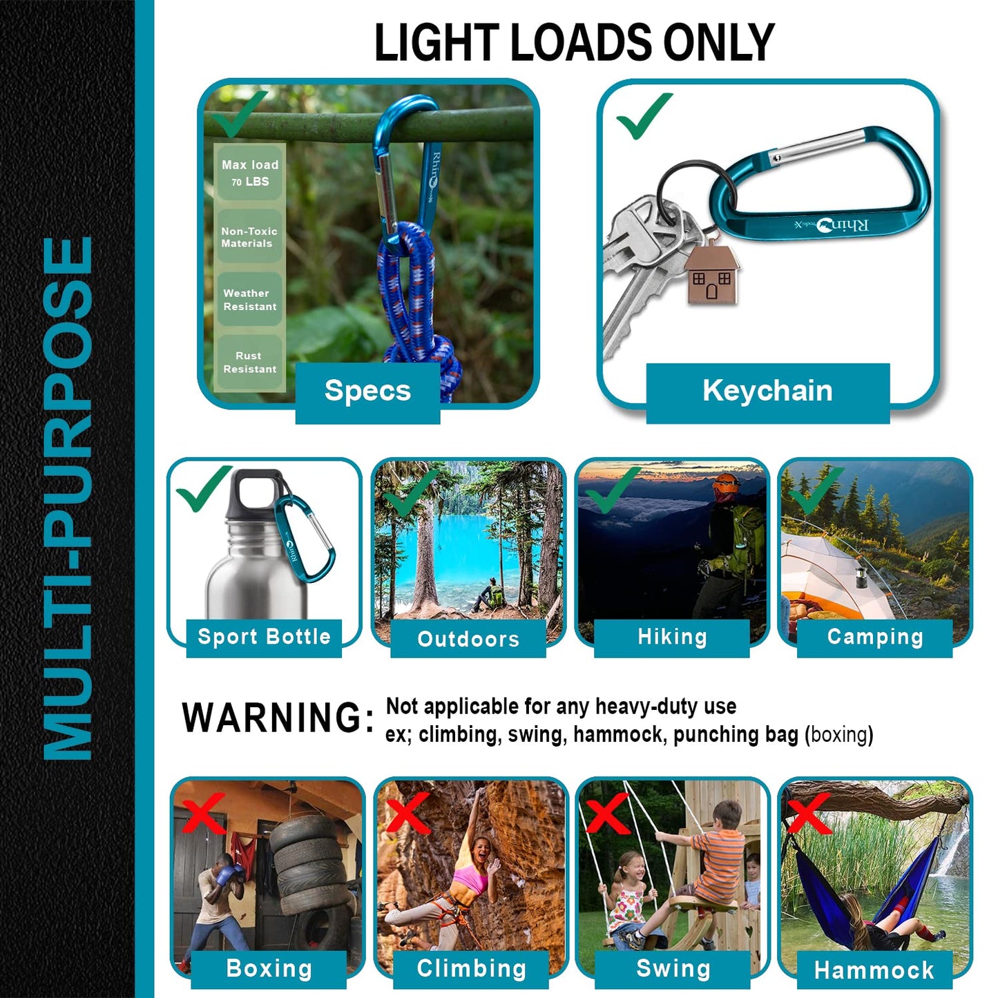 Rhino Produxs 8PCS Lightweight Snap Carabiner Clips D Ring Shape