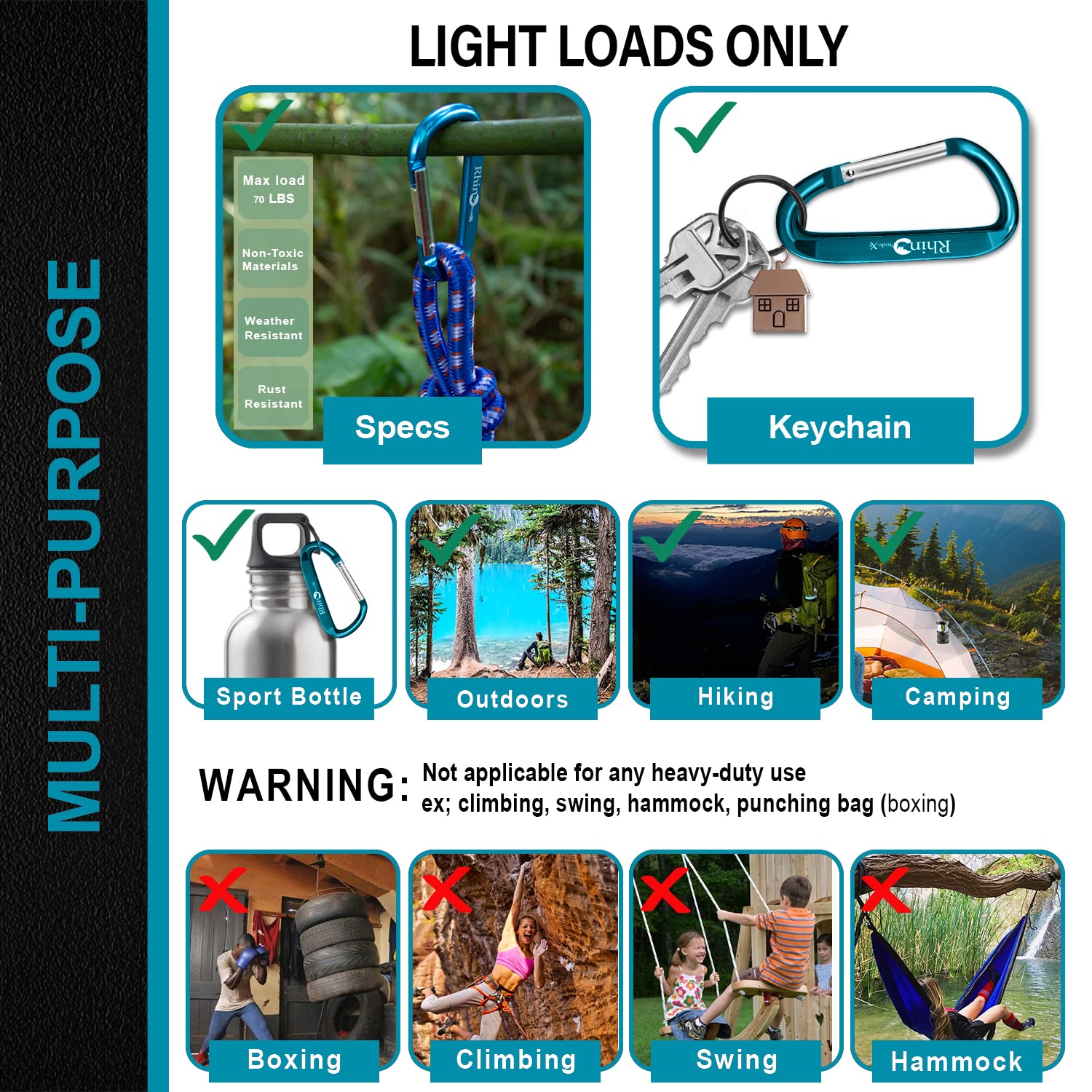 Rhino Produxs 8PCS Lightweight Snap Carabiner Clips D Ring Shape