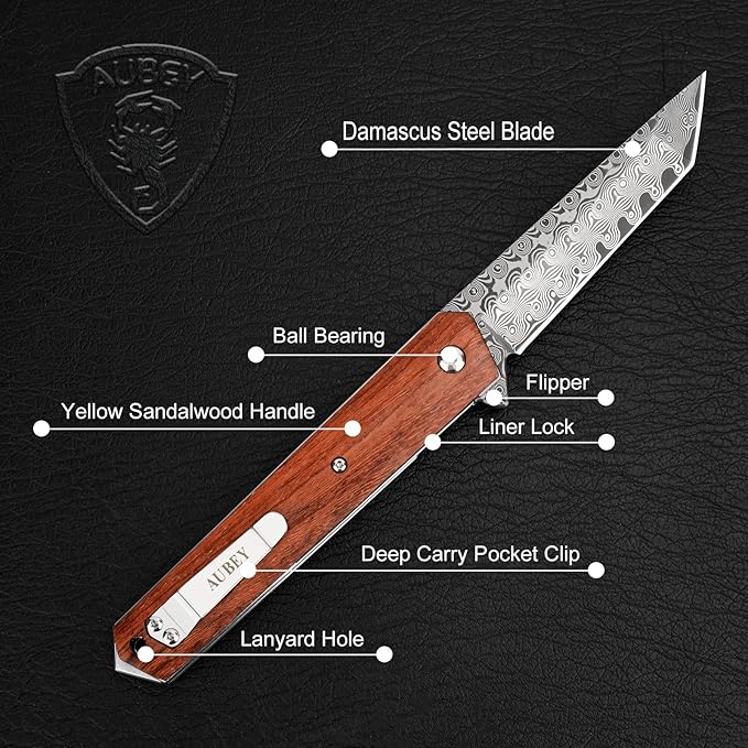 AUBEY Damascus Pocket Knife for Men, Sharp Tanto Blade with VG10 Core Folding Knives with Wooden Handle and Glass Breaker for EDC Camping Gift Collection