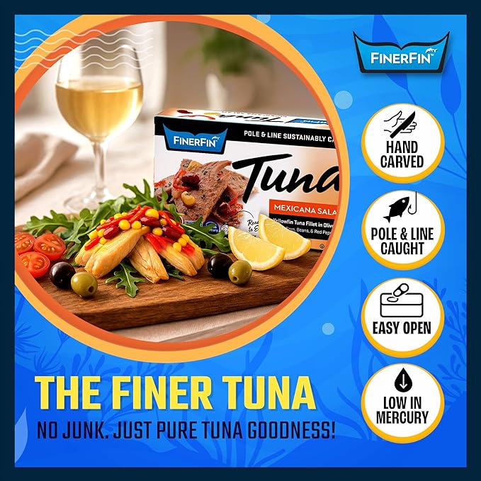 FinerFin Yellowfin Tuna In Organic Olive Oil ??Mexicana Salad Flavor (4.4oz can - 6 Pack); Premium Canned Fish with EVOO, Gourmet Ready-to-Eat Fillets, Wild-Caught