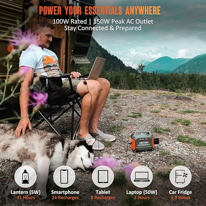 AIMTOM 155Wh Portable Power Station, 42000mAh Lithium Backup Battery with Flashlight, Solar Charging Option ??150W Peak (100W AC), 12V DC, USB & USB-C for Camping, Home, RV, Travel & Digital Nomads