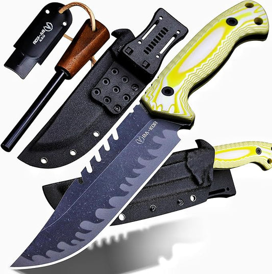 BA-KOR 12.4in Full Tang Fixed Blade Hunting Knife ??6mm 9CR18MoV Steel, G10 Handle, Stonewashed Sawback Blade with Kydex Sheath & Fire Starter for Outdoor, Camping, Survival (White and yellow stripes)