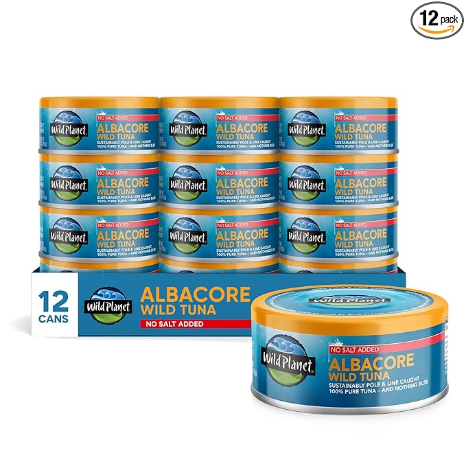 Wild Planet Wild Albacore Tuna, No Salt Added, Canned Tuna, Sustainably Wild-Caught, Non-GMO, Kosher 5 Ounce (Pack of 12), Packaging May Vary