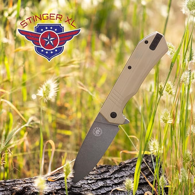 Off-Grid Knives - STINGER XL Folding Knife, 154CM Steel, Full Flat Grind, G10 Scales, Ceramic Bearings, Drop-Shut Action, Deep Pocket Clip, Left or Right Hand Carry, Camping & Tactical Use (Coyote)