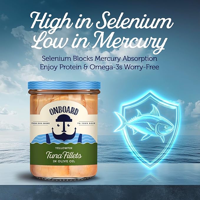 ONBOARD Yellowfin Tuna Fillets, Mediterranean Seafood Diet | Pescatarian Jarred Atun, Fresh Sea Tuna Salad | High in Protein - Healthy Ready-to-Eat Snacks, Packed in Glass Jar | (6 Packs, Olive Oil)