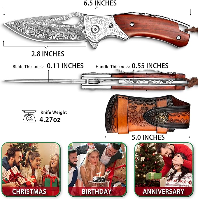 NedFoss Heron Damascus Pocket Knife, 2.8" Handmade Forged VG10 Damascus Steel Blade, 6.5" EDC Folding Knife with Retro Leather Sheath, Ebony Handle, Pocket Clip, Liner Lock, Cool Gifts Collection