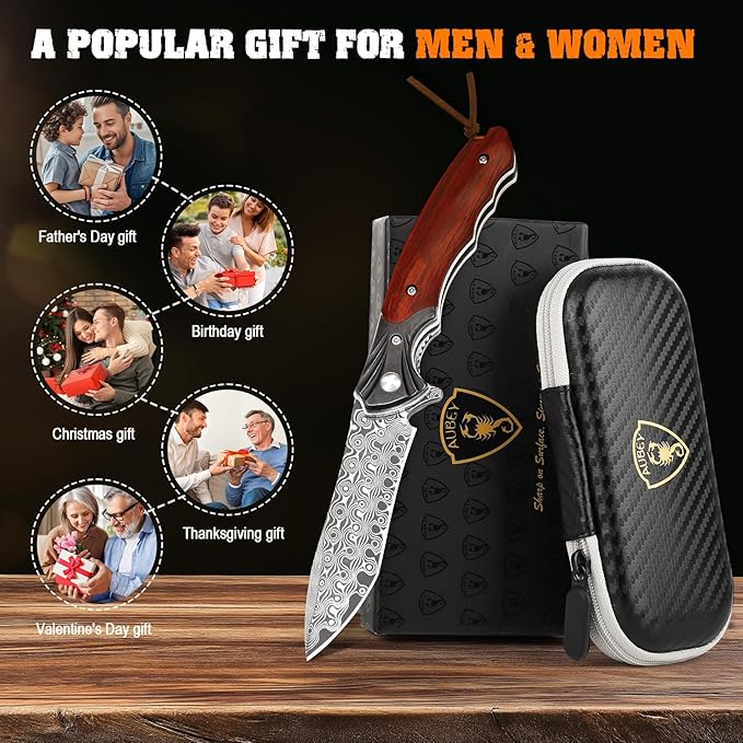 AUBEY Damascus Pocket Knife, Folding Knife with 3.43" Blade, Wooden Handle, Clip, EDC Knife for Outdoor, Hiking, Hunting, Gift/Collection for Men Women