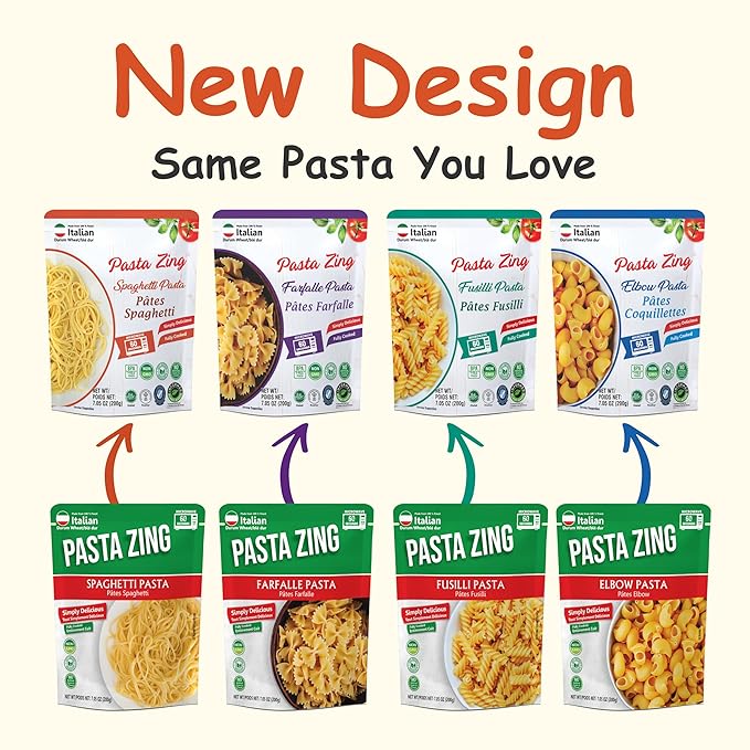 Pasta Zing Microwavable Variety Pasta Pack of 7 | 2x Elbow, 2x Farfalle, 2x Spaghetti, 1x Fusilli Pasta | Microwave Pasta Ready To Eat in 60 Sec - Fully Cooked -100% Durum Wheat 7.05 Ounce