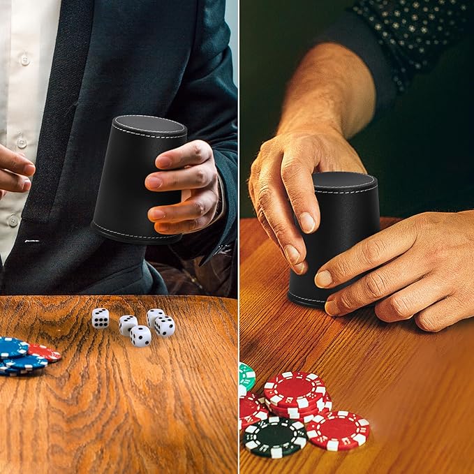 Leather Dice Cup Set, 5 Black Leather Dice Cups + 25 Dice + Exclusive Storage and Transport Case Made of Faux Leather