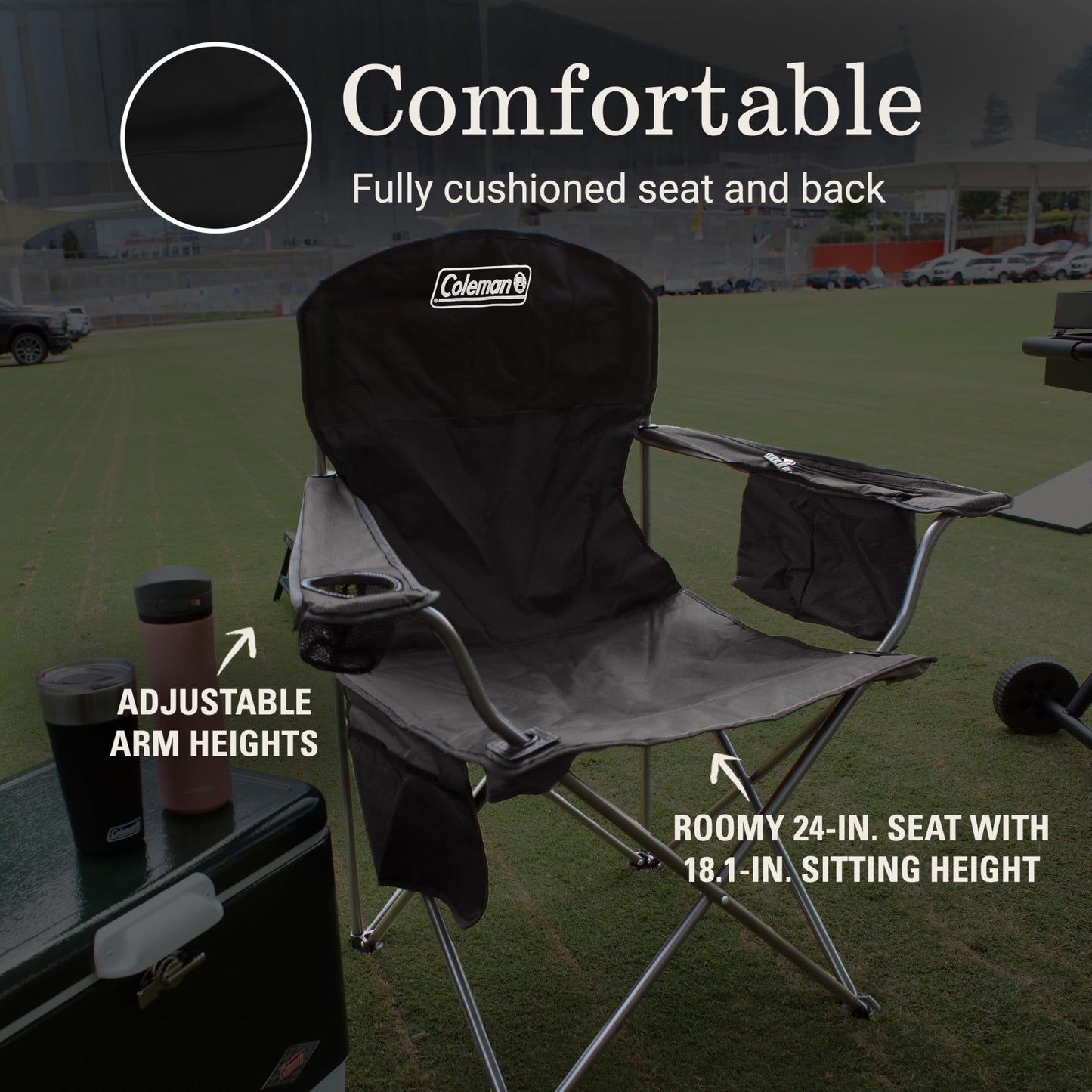 Coleman Portable Camping Chair with 4-Can Cooler, Cushioned Seat & Back with Side Pockets & Cup