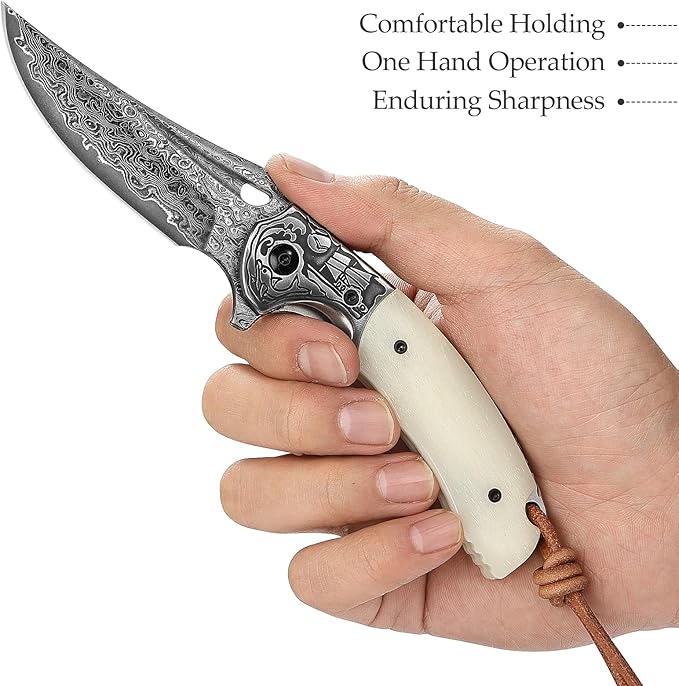 Pocket EDC Knife for Men, Folding Knife with Clipï¼?3.15" Damascus Steel Blade，OX Bone Handle, Leather Sheath for Camping Hiking knife，Puppis-02W