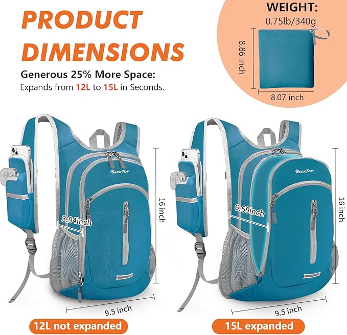 Seektop Small Hiking Backpack 12L to 15L Expandable Travel Packable Waterproof Daypack Lightweight Hiking Bag for Women Men