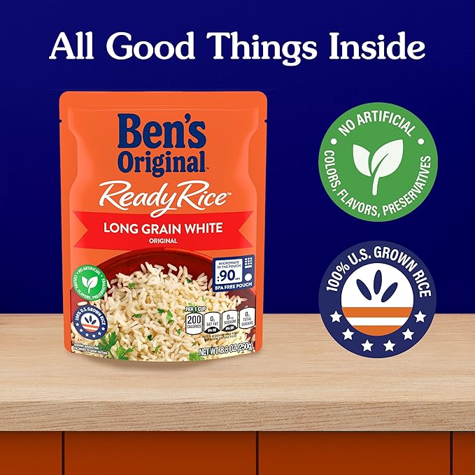 BEN'S ORIGINAL Ready Rice Original Long Grain White Rice, Easy Dinner Side, 8.8 oz Pouch (Pack of 12)