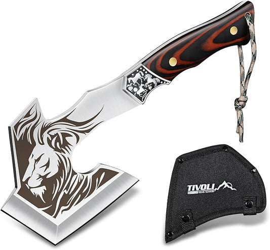 TIVOLI Camping Axe, Lion - Patterned Survival Hatchet with Nylon Sheath, High Carbon Steel Blade Compact Outdoor Bushcraft Axe with Ergonomic Wood Grip, Camping Gear for Hiking, Chopping, Hunting