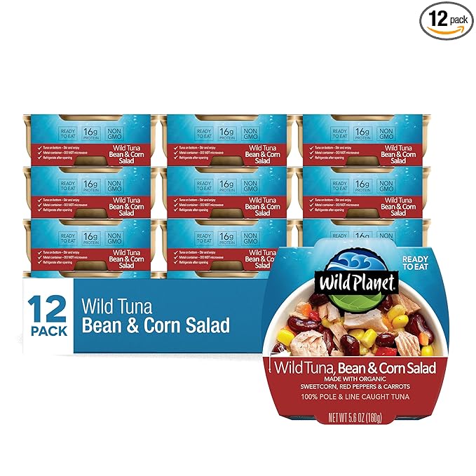 Wild Planet Ready-to-Eat Wild Tuna, Bean & Corn Salad with Organic Sweetcorn, Red Peppers and Carrots, 5.6oz (Pack of 12)