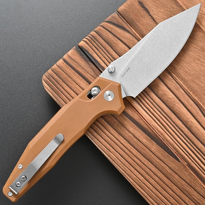 FF20 Folding Pocket Knife，VG10 Steel Blade G10 Handle EDC Tool Knife for Outdoor Camping Hunting Fishing Working(Brown)