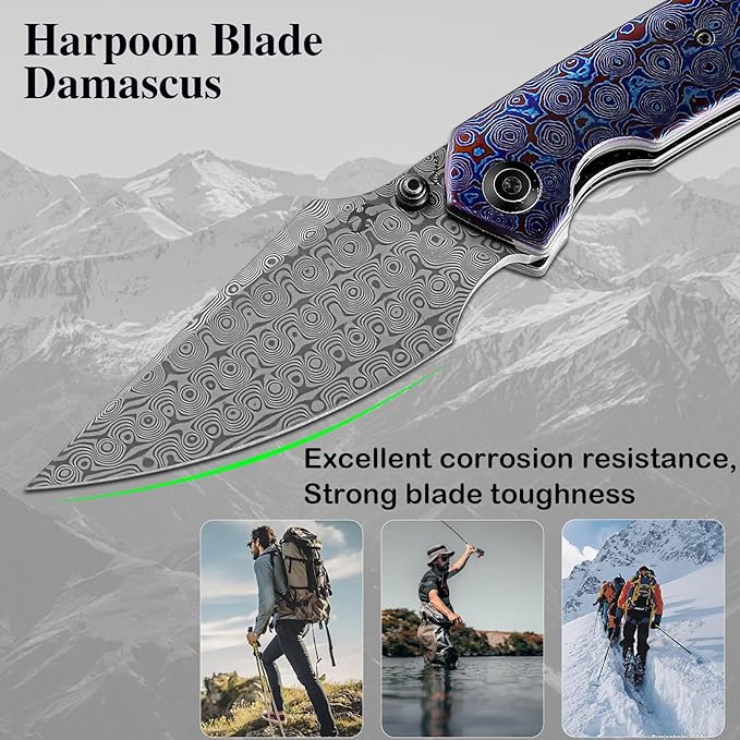 KANSEPT Fenrir Pocket Folding Knives for Men Women EDC Camping Fishing Knives 3.48'' Damascus Harpoon Blade Knives with Black Stonewashed Titanium Timascus Handle and Ti Clip Tactical K1034A8
