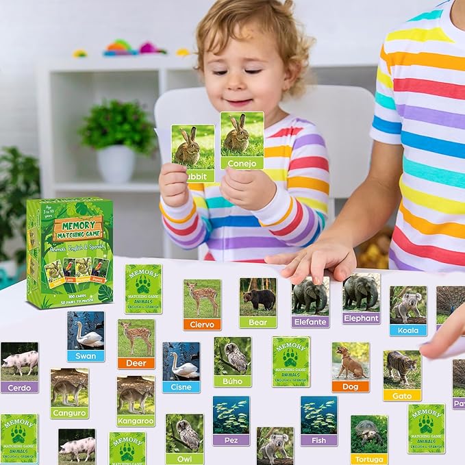 gisgfim 50 Pairs Memory Matching Games Spanish English Bilingual Animal Memory Matching Games Educational Game for Kids and Adults A Fun & Fast Animal Game Toddlers Preschool Family Board Gift