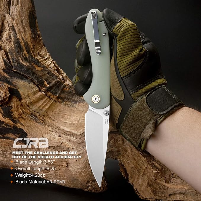CJRB Feldspar Pocket Folding Knife Stonewash AR-RPM9 Steel Blade G10 Tactical Handle EDC Knives Green-Large (J1912)