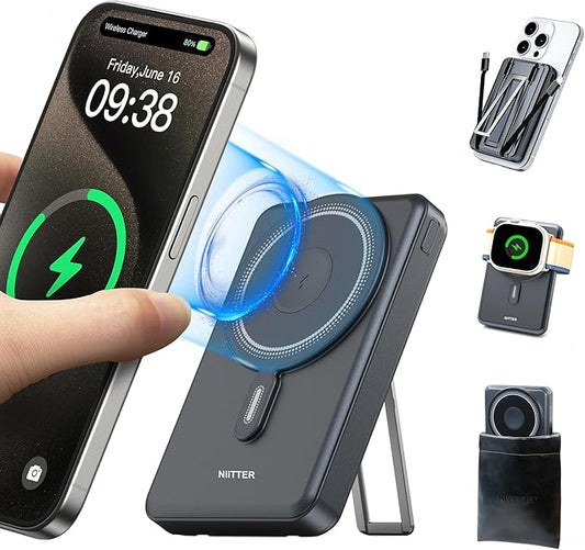 5 in 1 Magnetic Power Bank with Foldable Kickstand,Compact 10000mAh Wireless Portable Powerbank with Fast Charging,Durable Battery Pack with Carrying case,for iPhone 16/15/14/iWatch/AirPods