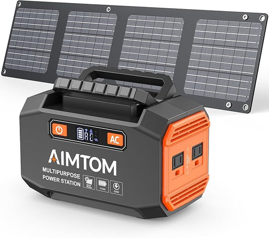 AIMTOM 200W Portable Power Station with 30W Solar Panel Bundle ??173Wh Lithium Battery, 250W Peak AC, USB-A, USB-C and 12V DC Outputs, High-Efficiency Solar Generator for Camping RV Emergency Backup