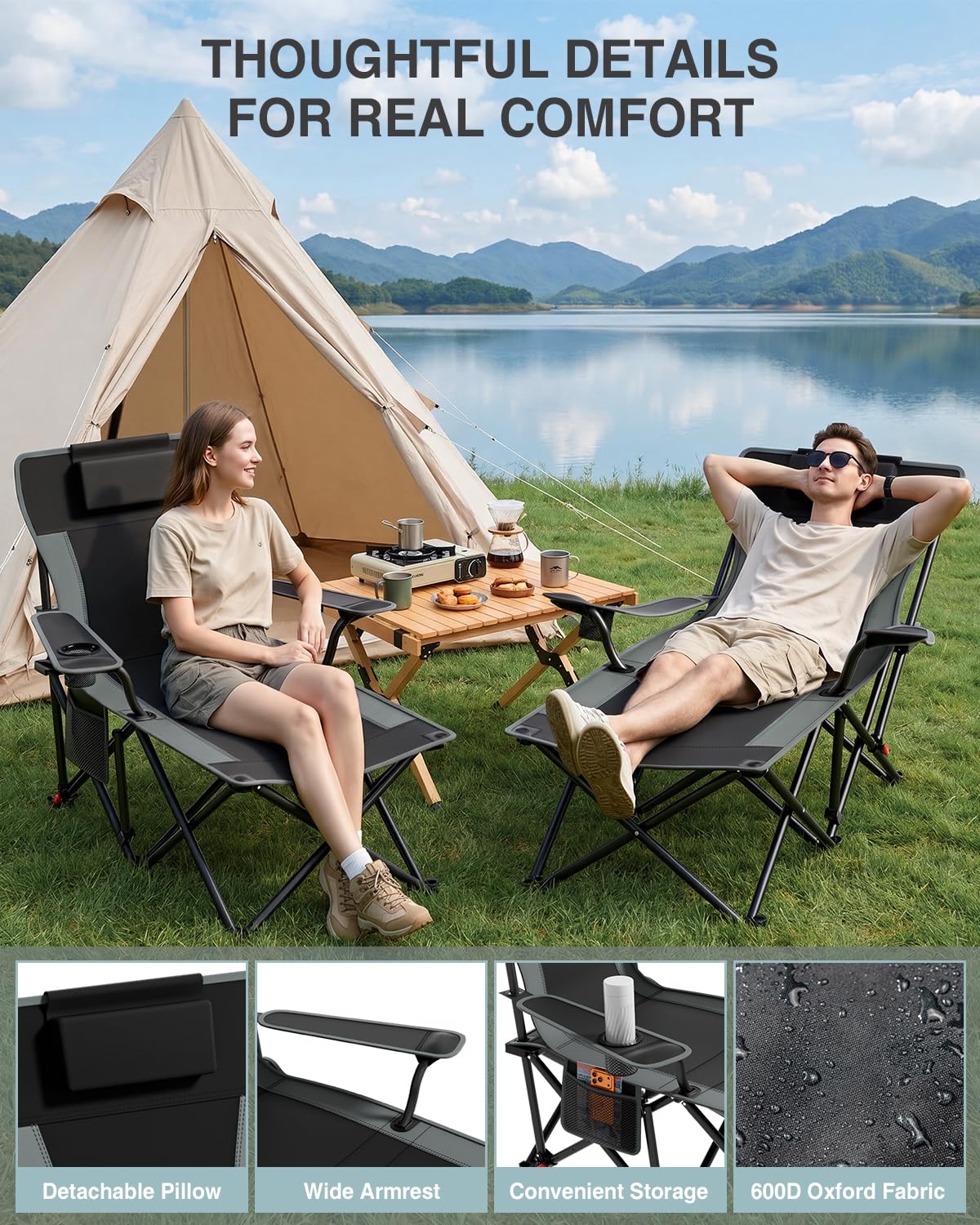 HOPERAN Camping Chair with Foot Rest, 500LBS 4-Level Reclining Beach Chair