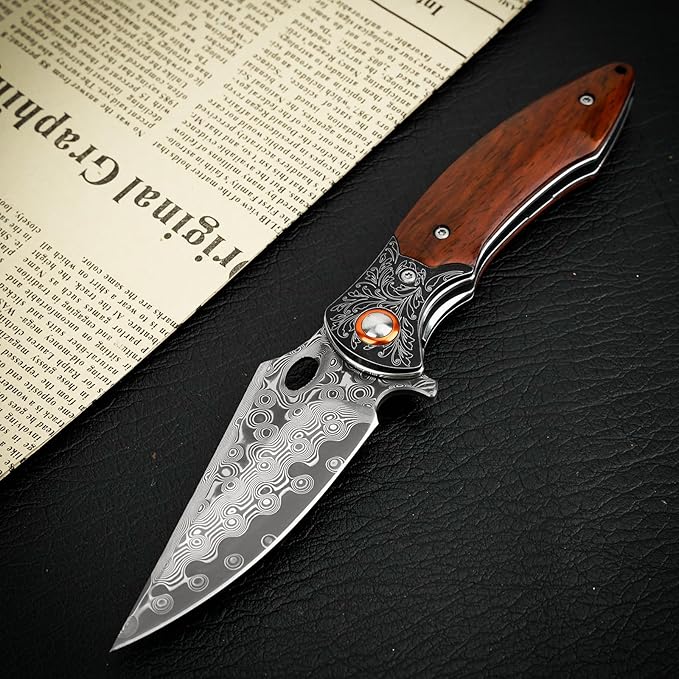 Damascus Pocket Knife, 3.27??Damascus Blade EDC Folding Knives with Guibourtia Wooden Handle, Christmas Ideal for Utility Gift