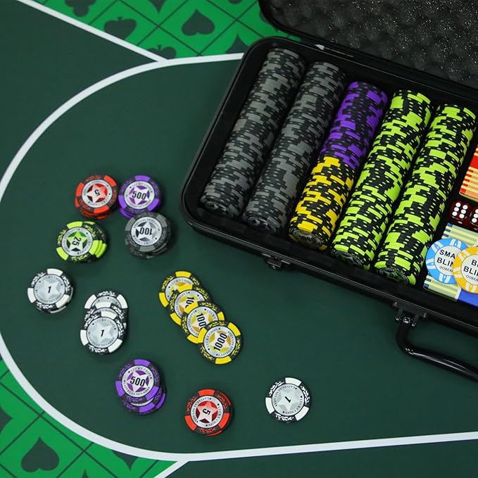 ORIENGEAR Poker Chip Set with Denominations, 500 PCS 14 Gram Clay Composite Casino Chips with ABS Case & 2 Decks of Plastic Cards, for Texas Holdem Blackjack Gambling Games