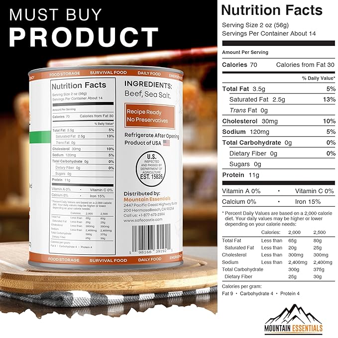 MOUNTAIN ESSENTIALS All Natural Canned Beef 28 Oz – Fully Cooked, Ready to Eat, Gluten Free – Canned Meat for Daily Use, Emergency, Survival & Camping – 5-Year Shelf Life – Made in USA – Pack of 1