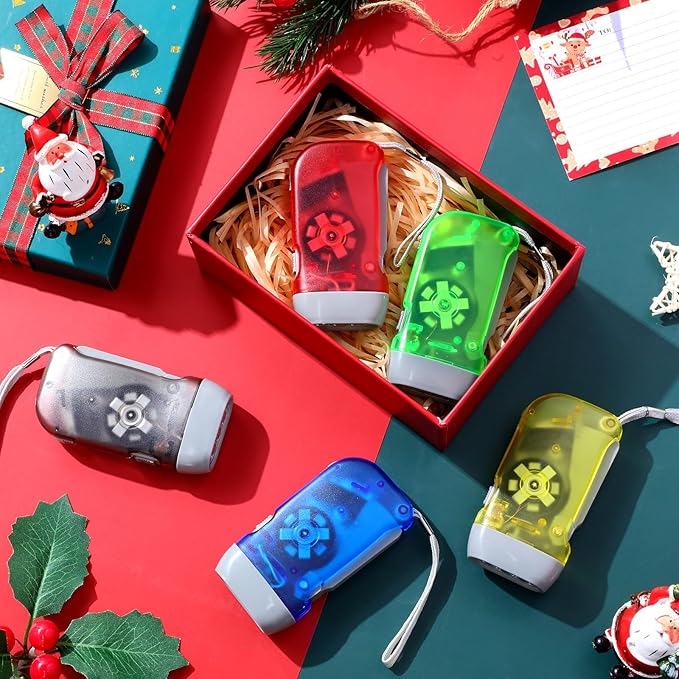 Treela 60 Pack Hand Crank Flashlight Operation Christmas Items Bulk Squeeze Flashlight No Battery Required Torchlight 3 LED Self Powered Charging(Gray, Green, Blue, Red)