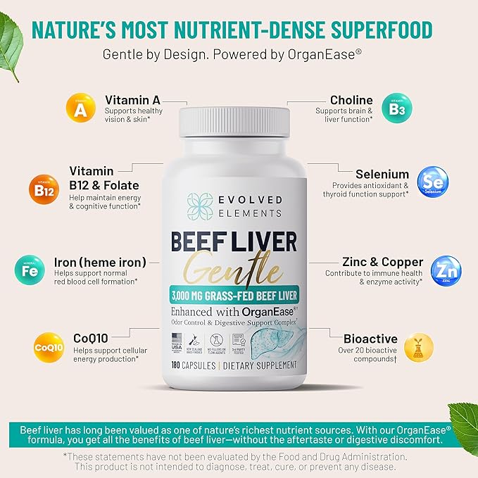 Beef Liver Gentle ??New Zealand Grass-Fed, Grass-Finished Desiccated Beef Liver Supplement with OrganEase® for Odor-Neutral, Smooth Digestion, Clean Taste ??3,000 mg, 180 Capsules